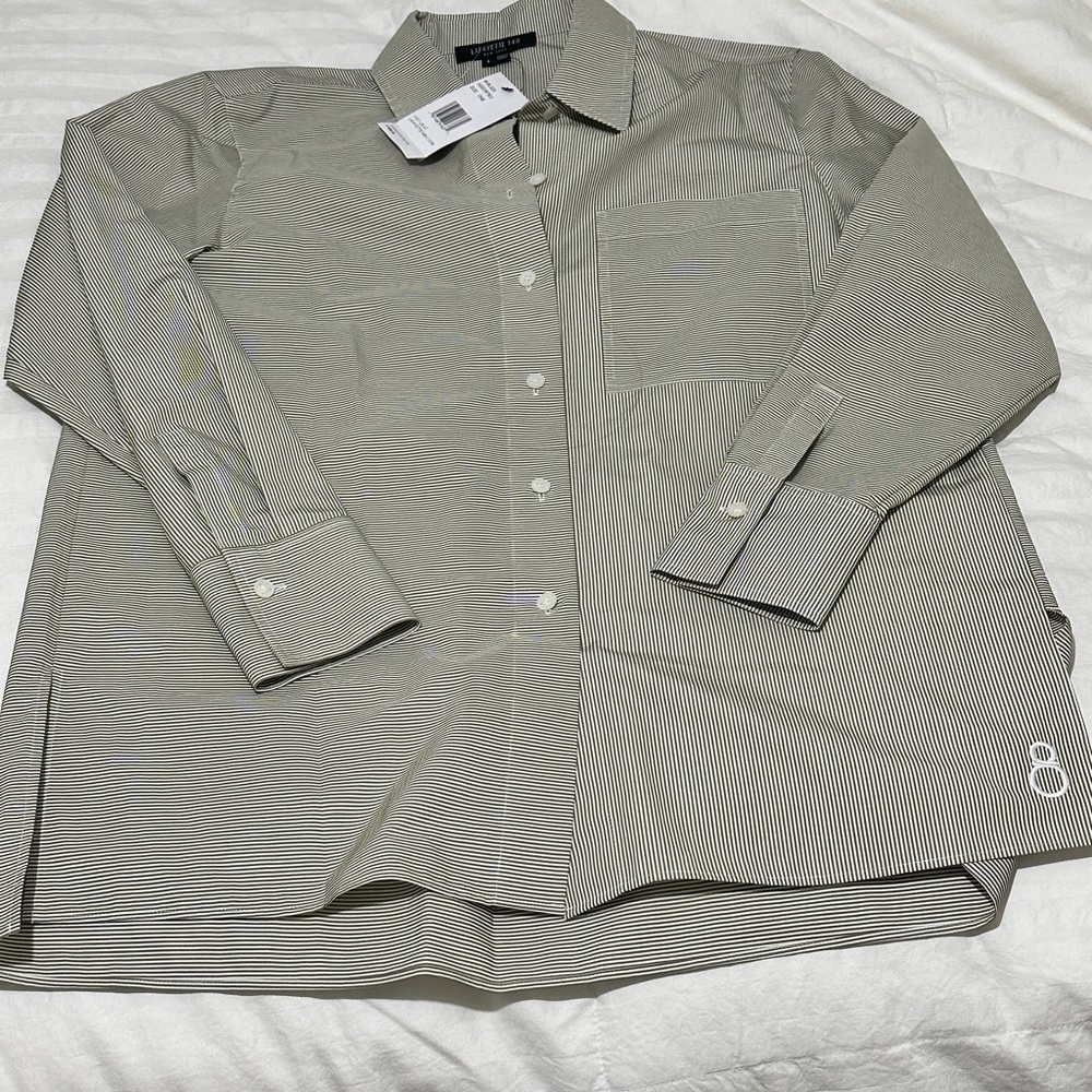 Women’s Striped Button-Up Blouse- Green/White